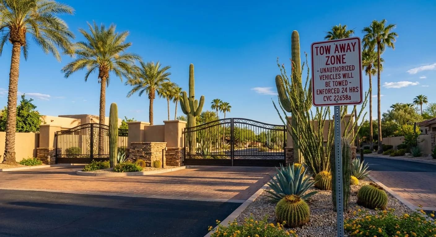HOA entrance with Axle Towing private-property signage — Buckeye abandoned vehicle removal