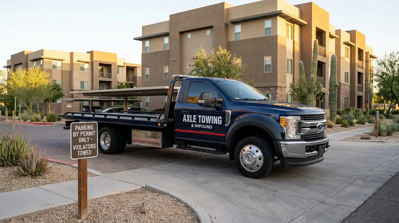 Professional tow truck at a Chandler AZ tech corridor apartment complex - Axle Towing