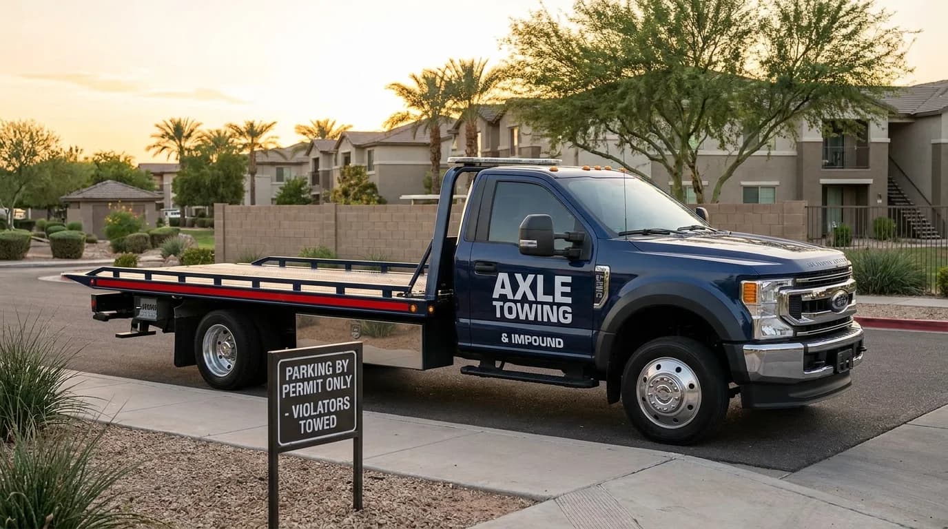Professional tow truck at a Gilbert AZ apartment complex - Axle Towing apartment parking enforcement