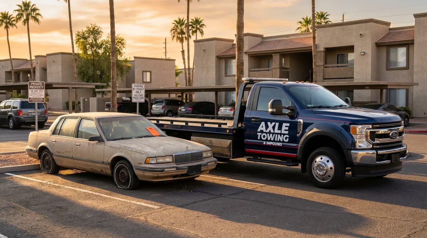 Professional tow truck at a Phoenix area parking lot evaluating an abandoned vehicle - Axle Towing 72-hour rule