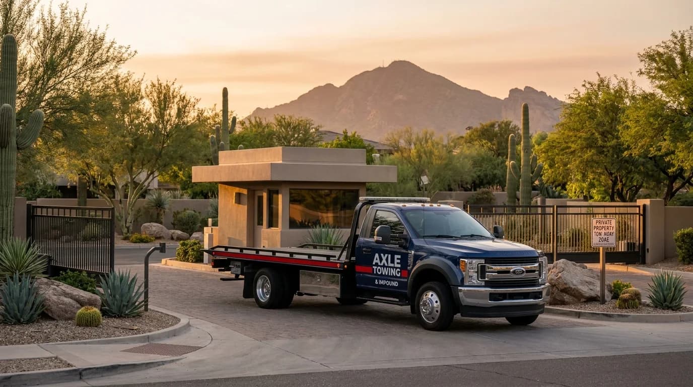 Professional tow truck at an Arizona property with ARS-compliant towing signage and Camelback Mountain backdrop