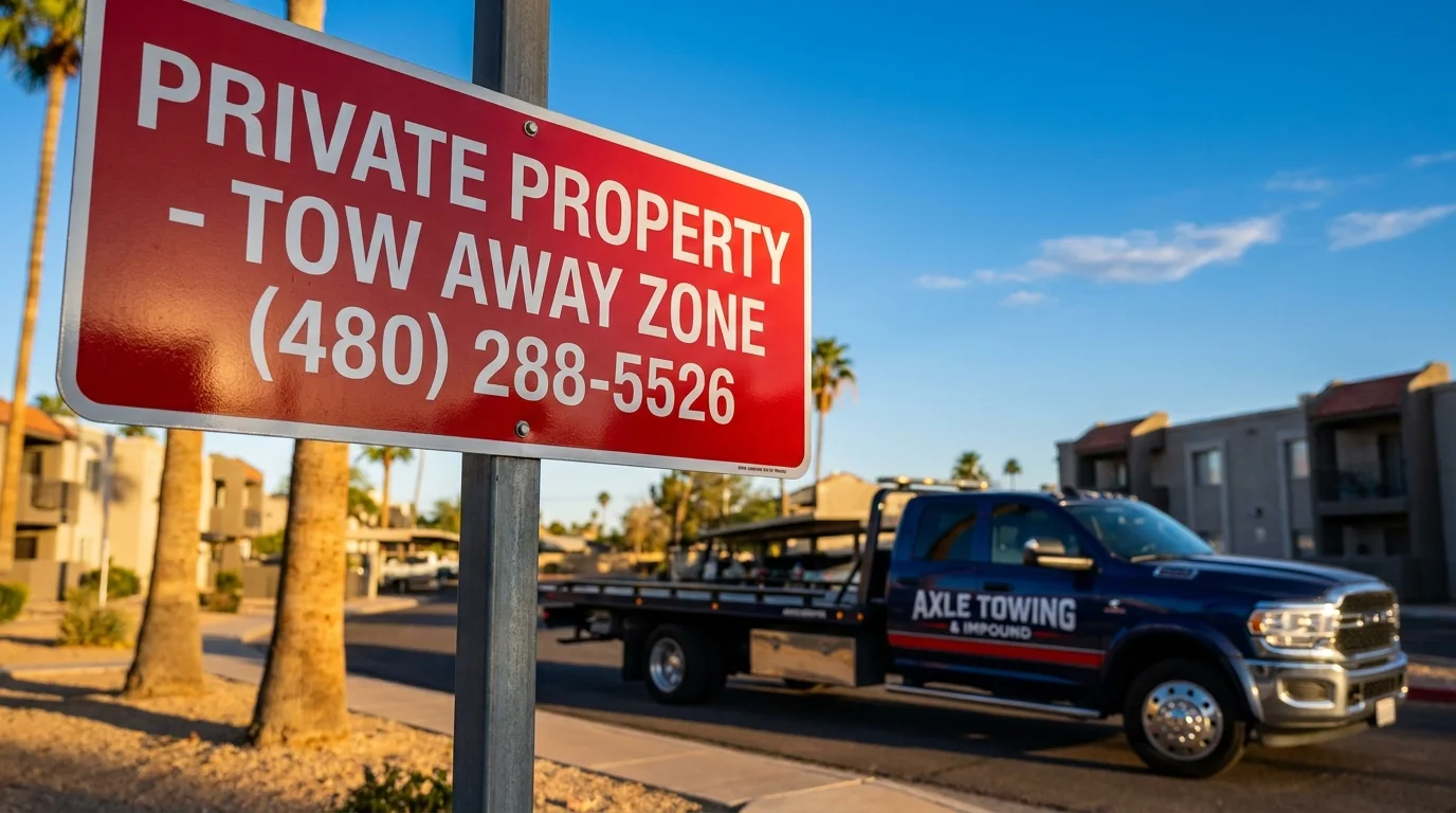 Professional tow truck parked next to ARS-compliant towing signage in Arizona - Axle Towing signage laws
