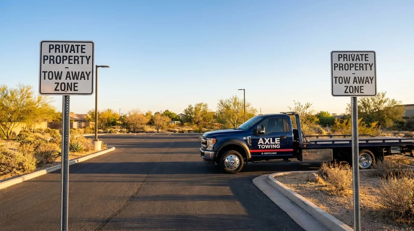 Professional tow truck parked beside ARS-compliant towing warning signs at an Arizona property - Axle Towing
