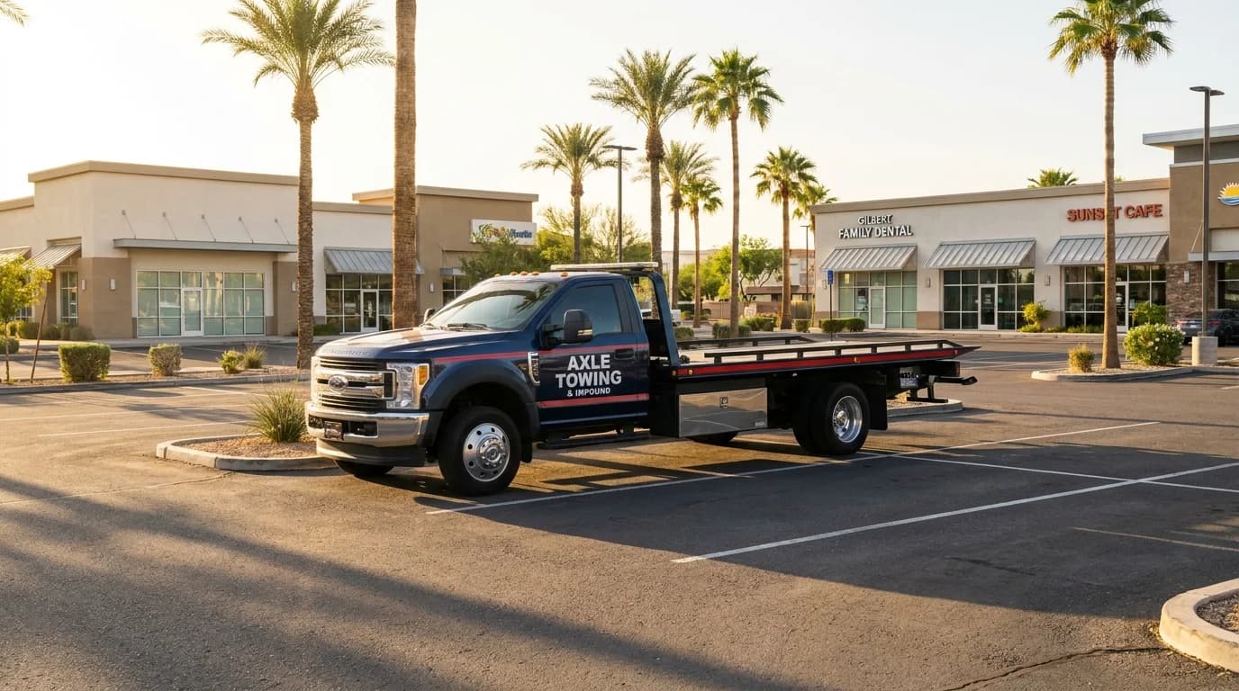 Professional tow truck at a Gilbert AZ commercial office park - Axle Towing commercial property enforcement
