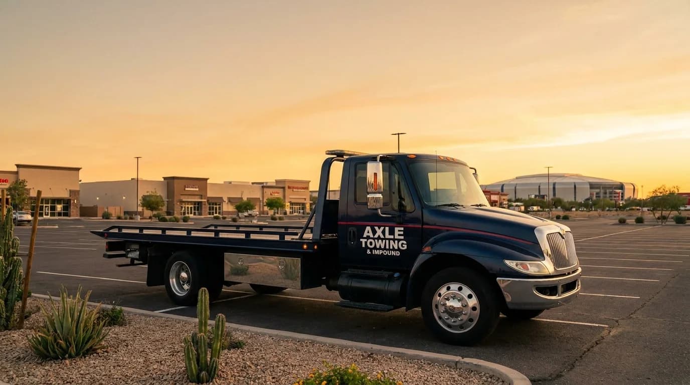 Professional tow truck at a Glendale AZ West Valley commercial parking lot - Axle Towing