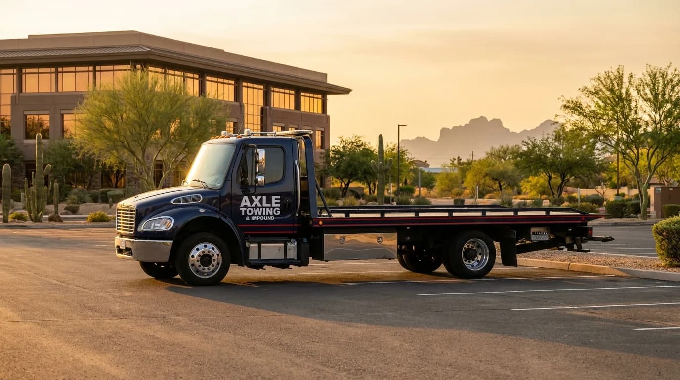Professional tow truck at a Mesa AZ commercial office park with Superstition Mountains - Axle Towing