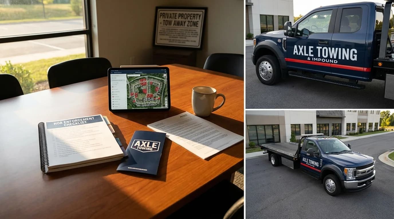 HOA parking enforcement manager reviewing compliance checklist at Arizona community - Axle Towing