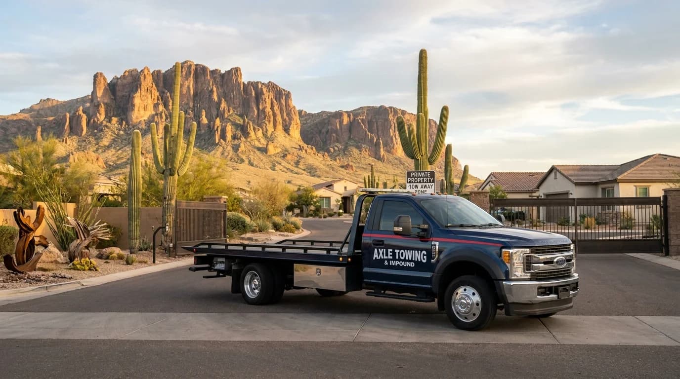 Professional tow truck at an Apache Junction AZ HOA community with Superstition Mountains - Axle Towing