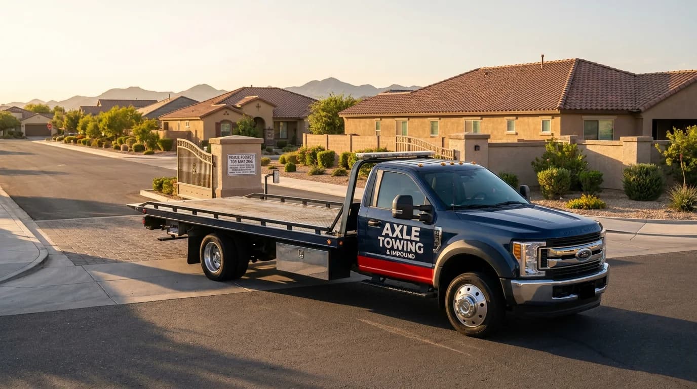 Professional tow truck on a wide East Valley AZ HOA suburban street - Axle Towing parking enforcement