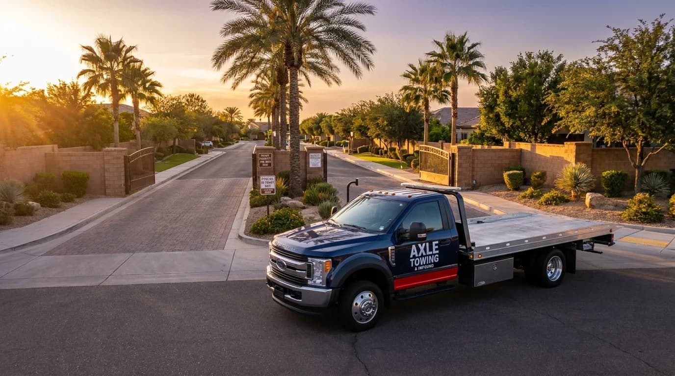 Professional tow truck at a West Valley HOA community parking lot in Glendale AZ - Axle Towing