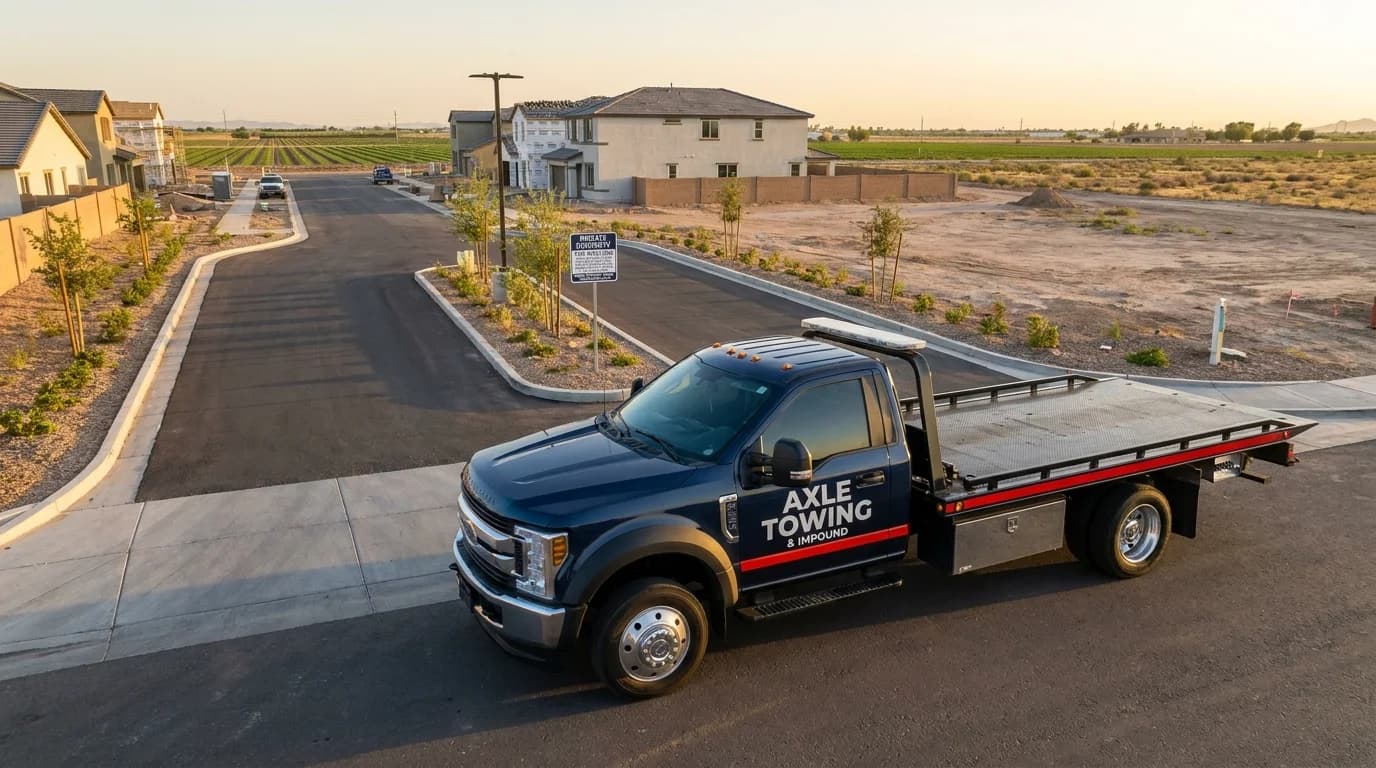 Professional tow truck at a new Queen Creek AZ HOA community with Superstition Mountains backdrop - Axle Towing