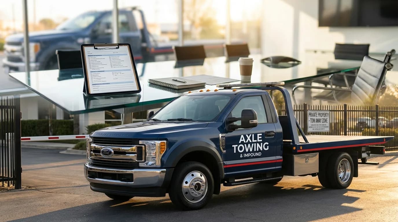 Professional tow truck outside a Phoenix area property management office - Axle Towing