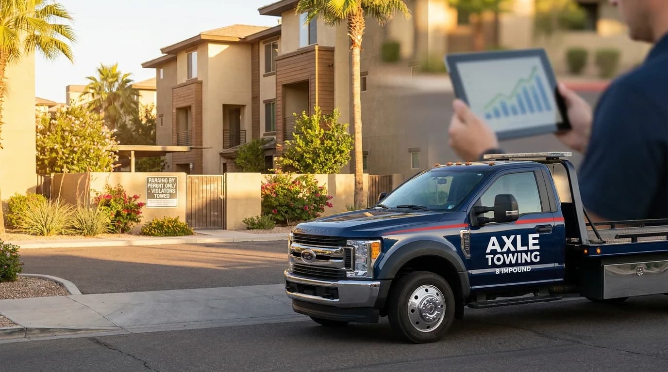 Professional tow truck at a well-managed Phoenix metro HOA community with clear parking signage