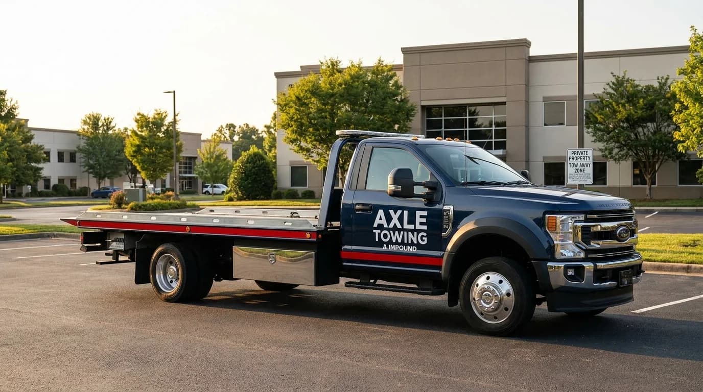 Professional tow truck at a Phoenix area property management company building - Axle Towing towing contracts
