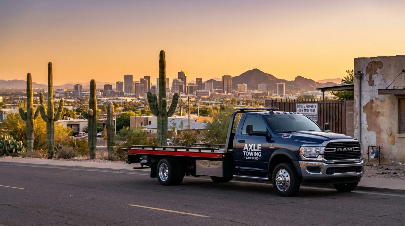 Professional tow truck with sweeping Phoenix metro valley view at golden hour - Axle Towing private property enforcement