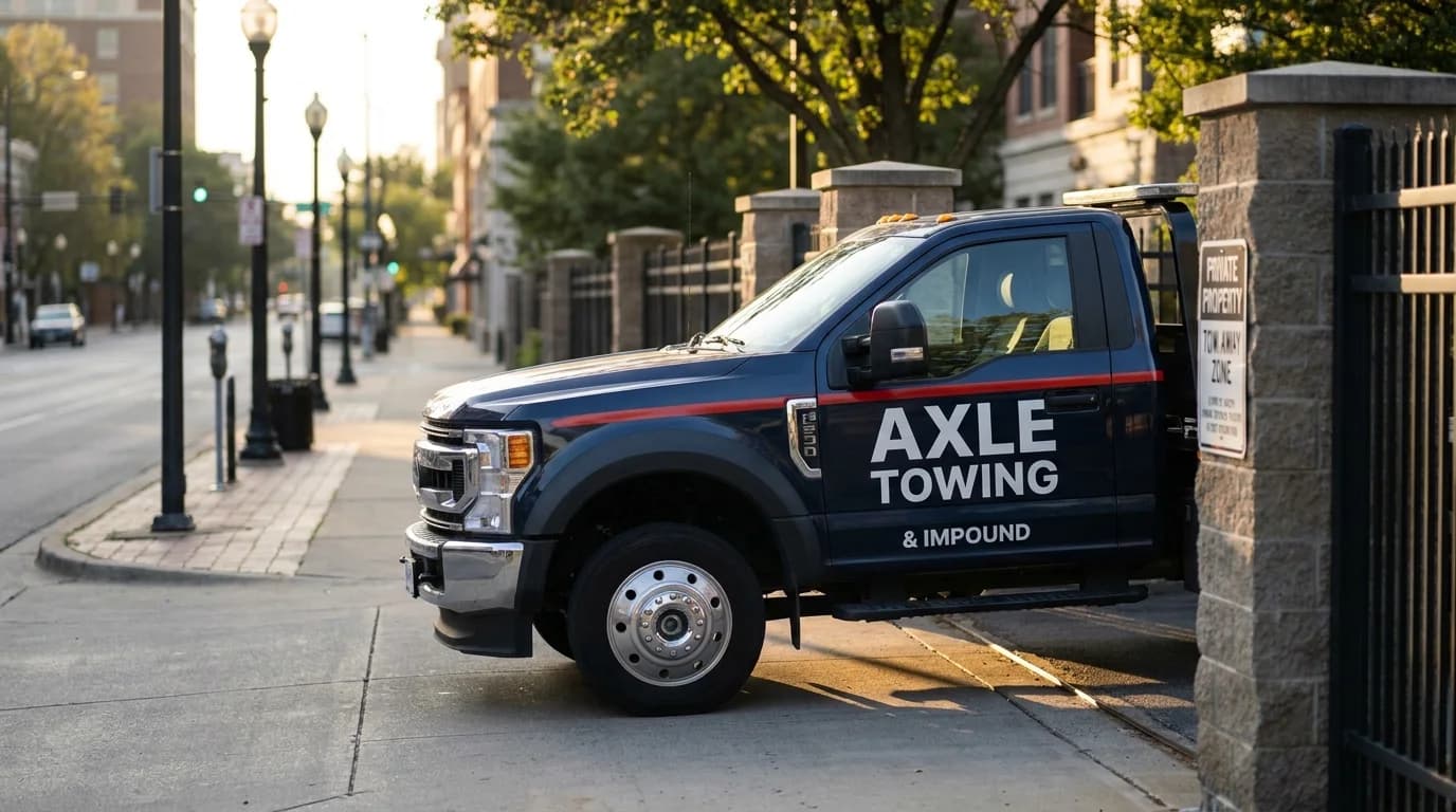 Professional tow truck on a clearly marked private property in Phoenix Arizona - Axle Towing PPI vs public