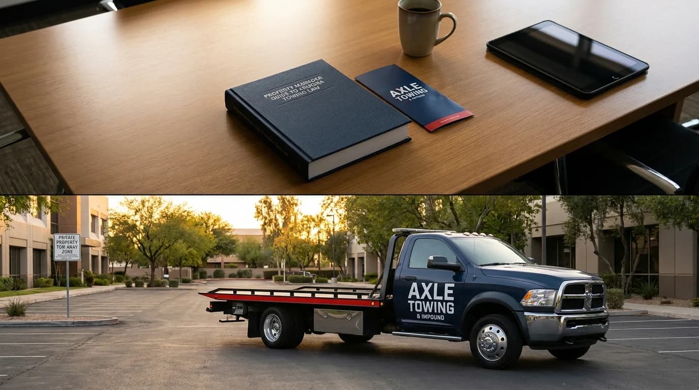 Phoenix property manager reviewing Arizona towing laws guide at apartment complex - Axle Towing