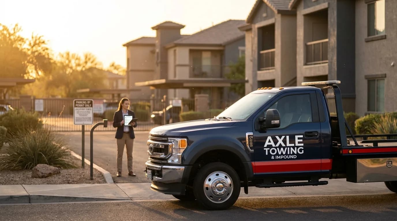 Professional tow truck at a Phoenix area apartment complex - Axle Towing Q&A for property managers