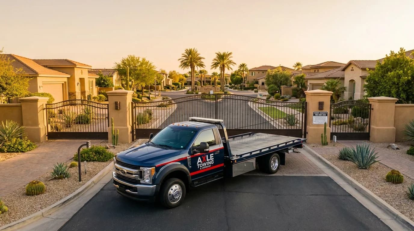 Professional tow truck in front of Phoenix skyline at golden hour - Axle Towing property manager resource hub